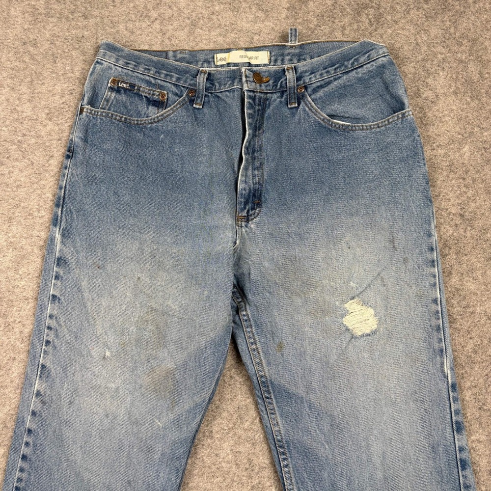 Lee Jeans Mens‎ 36x36 Regular Fit Blue Denim Light Wash Distressed Straight Leg
